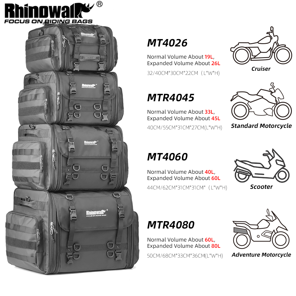 Motorcycle Gear Warehouse - Rhinowalk รถจักรยานยนต์กระเป๋าเดินทางกระเป๋ากันน้ํา 19L-80L ขยายความจุขนาดใหญ่มอเตอร์หาง/Trunk/Rack กระเป๋าสําหรับรถจักรยานยนต์ส่วนใหญ่