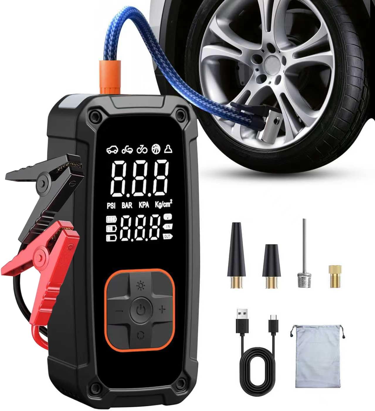Tyre Pressure Gauge - เครื่องเติมลมยางแบบพกพา - ปั๊มเติมลมเร็ว 150PSI พร้อมไฟ LED