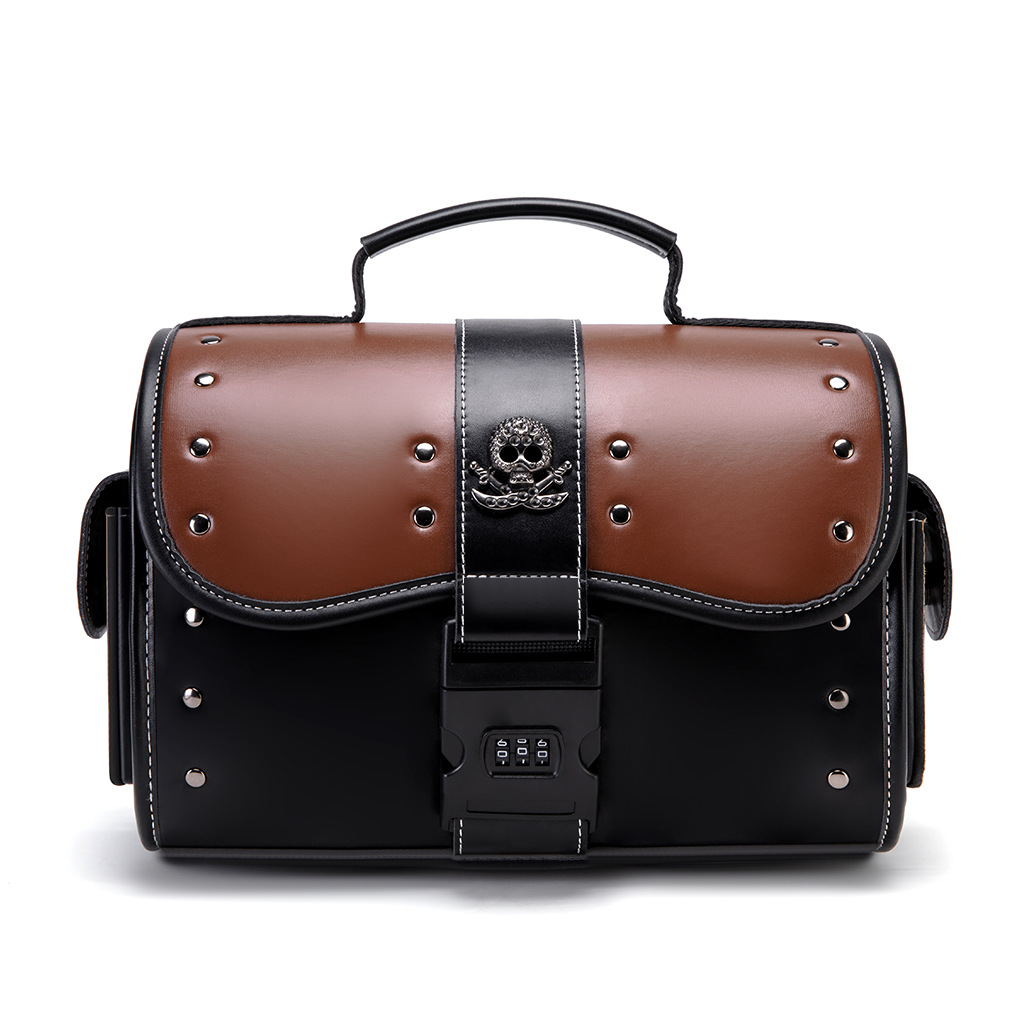 Motorcycle Gear Bag - กระเป๋าข้างมอเตอร์ไซค์ลายหัวกะโหลกสไตล์วินเทจ ดีไซน์ขอบหมุด หนัง PU พร้อมรหัสล็อค กันน้ำ