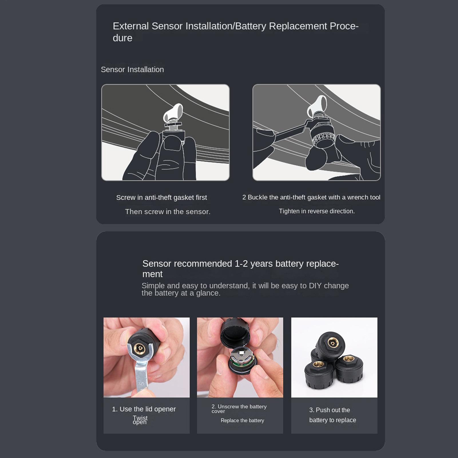 Tyre Pressure Gauge - เกจวัดแรงดันลมยางแบบไร้สาย ระบบเซ็นเซอร์วัดแรงดันลมยางแบบเรียลไทม์สำหรับมอเตอร์ไซค์ เซ็นเซอร์วัดแรงดันลมยางสำหรับบ้าน โรงรถ และโรงงาน