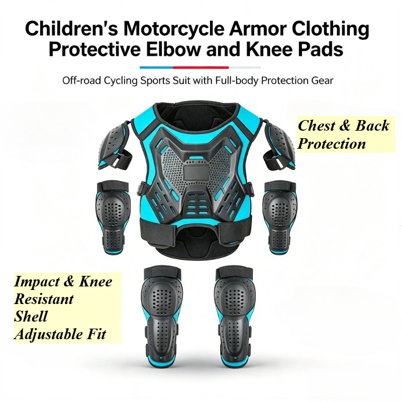 Motorcycle Gear Full Suit - ชุดเกราะป้องกันสำหรับเด็กสำหรับขี่มอเตอร์ไซค์ พร้อมแผ่นป้องกันข้อศอกและเข่า ชุดกีฬาปั่นจักรยานออฟโรดพร้อมอุปกรณ์ป้องกันทั่วร่างกาย